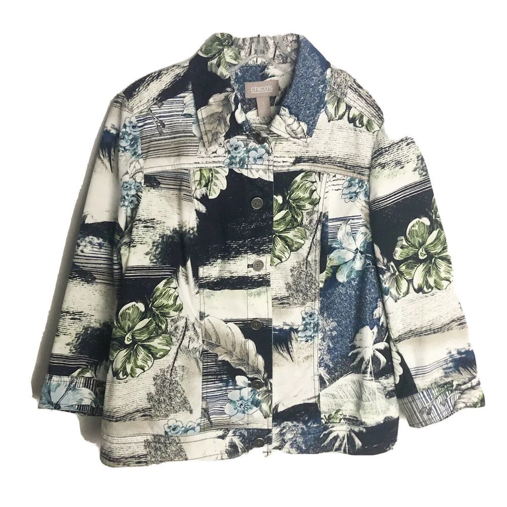 Chicos ‎ Jacket Top Multicolor Long Sleeve Floral/ Beach Pattern  Size 1
